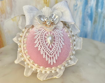 Handmade Christmas Ball Ornament – Light Pink Cotton Twine, Ribbon, & White  Lace