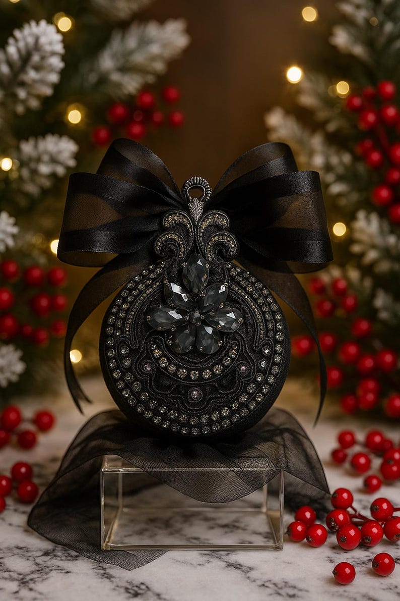 Moody Black Christmas Ornament | Gothic Tree Decor | Black Elegance Christmas Ornament | Dark Glam Holiday Decoration | Luxury Gift image 10