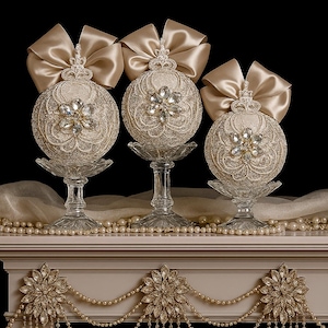 Champagne Gold Luxury Christmas Ornament | Elegant Handmade Holiday Decor | Crystal Pearl Tree Accent | Glam Gift Keepsake Xmas Tree Decor