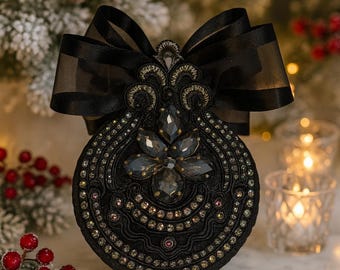 Gothic Black Cat Ornament: Handmade Velvet Rhinestone Bauble