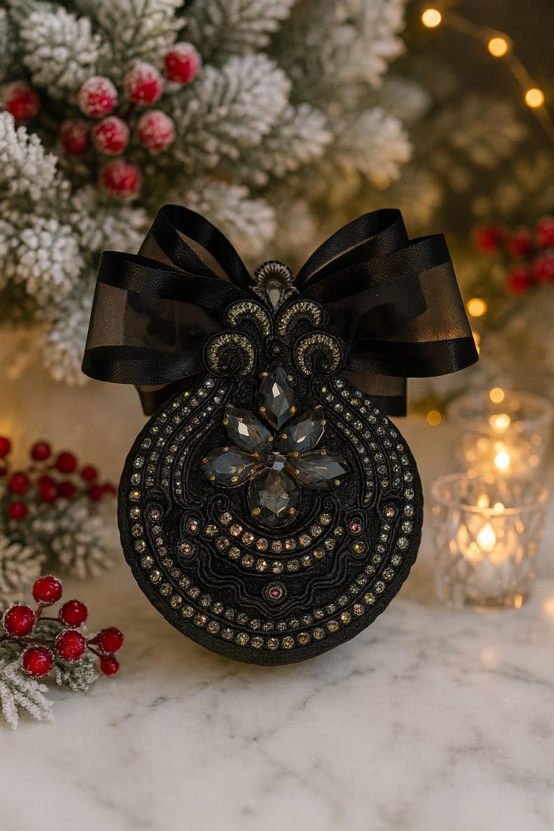 Moody Black Christmas Ornament | Gothic Tree Decor | Black Elegance Christmas Ornament | Dark Glam Holiday Decoration | Luxury Gift image 1