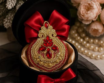 Handmade Red Velvet Christmas Ornament: Elegant Gold Rhinestone Bauble
