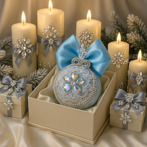 Blue Christmas Ornament, Handmade Velvet Tree Bauble, Elegant Rhinestone Holiday Decor, Unique Gift for Winter Decor