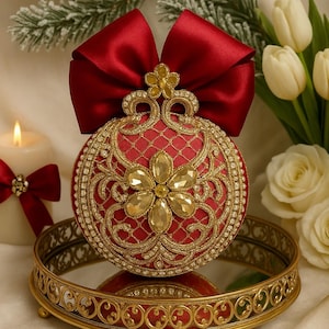 Red and Gold Christmas Ornament, Handmade Velvet Tree Bauble, Elegant Holiday Decoration, Luxury Festive Ornament Gift