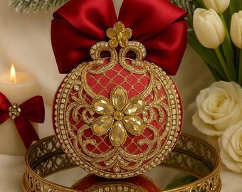Handmade Red Velvet Christmas Ornament: Gold Lace & Rhinestone Bauble