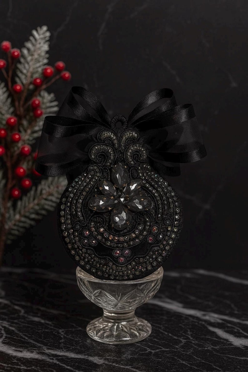 Moody Black Christmas Ornament | Gothic Tree Decor | Black Elegance Christmas Ornament | Dark Glam Holiday Decoration | Luxury Gift image 3