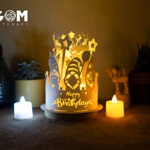Paper Lanterns Happy Birthday Gnome Decoration - Paper Cutting Template - Lantern SVG - DIY Paper Lanterns