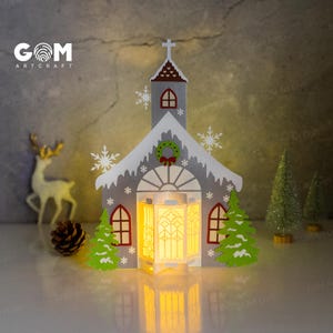Modelo de Lanterna de Igreja - Lanterna de Natal de Igreja SVG - Enfeites de Natal de Lanterna DIY - Modelo de Corte de Papel para o Natal