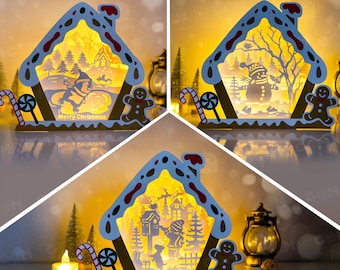 Pack 3 Candy House Shadow Box SVG - DIY Lightbox Christmas Ornaments - Xmas Paper Cutting Template - Paper Cut Template For Christmas