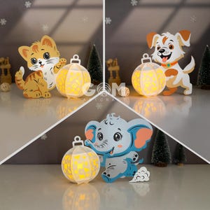 Lot de 3 lanternes chat, lanterne chien, lanterne éléphant SVG, PDF, décorations de Noël lanterne bricolage, modèle de lanternes pour enfants