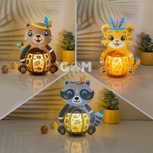 Set de 3 linternas de animales SVG: linternas de oso, linternas de tigre, linternas de mapache - Plantilla de linternas para niños - Linternas de papel DIY
