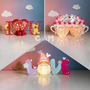 Ensemble de 3 lanternes en forme de coeur SVG, paire de amour tasses lanterne SVG, ornements de lanterne bricolage Saint-Valentin, modèle de papier découpé pour la Saint-Valentin