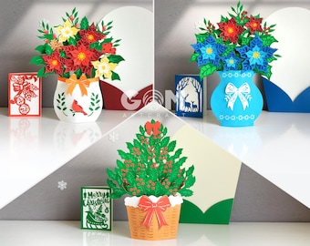 Set 3 Christmas Vase Pop-up Card 3D, Christmas Tree Pot Pop-up Card SVG, DIY Pop-up Card Christmas Ornaments, 3D Christmas Papercut Card