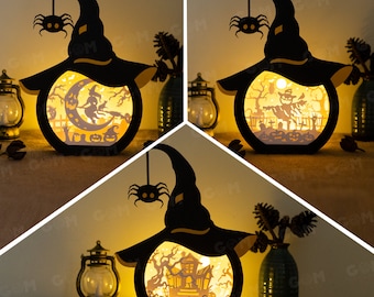 May include: A black wooden Halloween light-up decoration shaped like a witch's hat with a spider hanging from it. The hat has a cut-out design of a witch flying on a broomstick with a crescent moon and pumpkins. The light illuminates the design from behind.