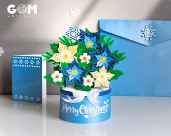 Pop-upkaartsjabloon kerstvaas, doe-het-zelf-uitnodigingskaart kerstversieringen, pop-upkaart kerstboompot, 3D-kerst papercutkaart
