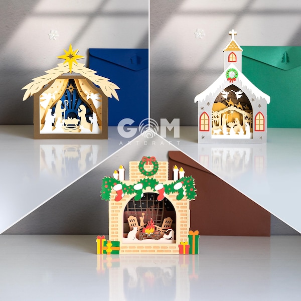 Set 3 Nativity Scene Pop-up Card 3D, Christmas Pop-up Card 3D SVG, Christmas Fireplace Pop-up Card, Nativity Church Christmas Papercut Card