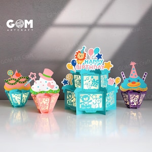 Ensemble joyeux anniversaire lanternes en papier SVG, lanternes en papier joyeux anniversaire texte décoration, décoration de gâteau, bricolage anniversaire lanternes en papier