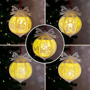 Confezione da 5 palline di Natale arabesche sospese - palla di Natale SVG - ornamenti natalizi lightbox fai da te - modello di taglio della carta per Natale