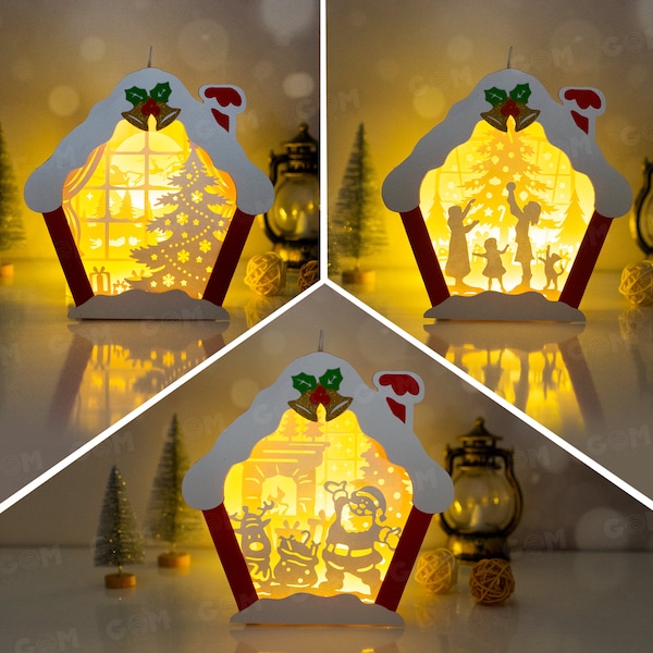 Pack 3 Schnee Haus Behang Schatten Box - Weihnachtskugel SVG - Scherenschnitt Vorlage für Weihnachten - DIY Lightbox Weihnachtsverzierungen