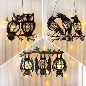 Zestaw 3 Latarnia Sowa, Latarnia Nietoperz, Latarnia Wrona SVG - Latarnia Papierowa na Dekorację Halloween - Latarnia Halloween DIY Wycinana Papierem