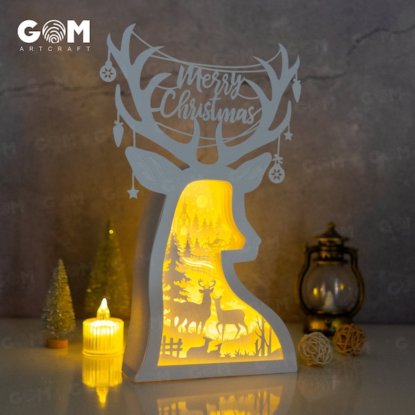 Deer Head Christmas Shadow Box SVG - Reindeer Lightbox - Xmas Paper Cutting Template - DIY Lightbox Christmas Ornaments