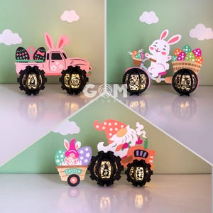 Set 3 Pâques camion lanterne, gnomes conduire oeufs lanterne SVG, vélo lapin lanterne SVG, lanterne oeuf de Pâques pour décorations de Pâques SVG