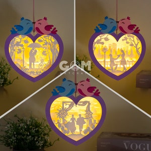 Confezione 3 Lanterna Cuore Coppia Uccelli SVG - Lanterna a cuore appesa - San Valentino fai da te - Scatola luminosa per progetti Cricut - Modello di taglio della carta