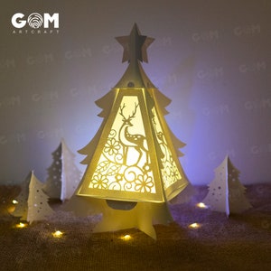 Christmas Tree Lantern SVG - Deer And Flowers Lantern Template - Merry Christmas Lantern Template - DIY Paper Lanterns - Xmas Paper Cutting