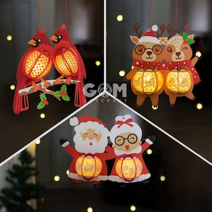 Set 3 Weihnachtslaterne SVG - Kardinalvogel Paar, Weihnachtsmann Paar, Rentier Paar Laterne - DIY Laterne Weihnachtsverzierungen