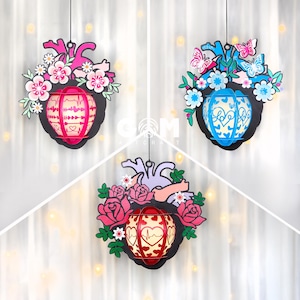 Conjunto de 3 lanternas de coração e flor SVG, lanterna em forma de coração SVG, enfeites de lanterna DIY para o dia dos namorados, modelo de corte de papel para o dia dos namorados