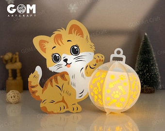 Christmas Cat Lantern SVG, PDF, Cat Playing With Christmas Ball Lantern, DIY Lantern Christmas Ornaments - Lanterns For Children Template