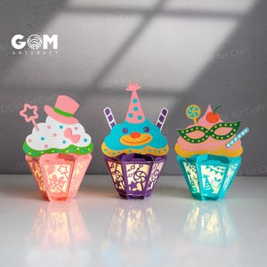 Set 3 Cake Birthday Paper Lanterns SVG, Paper Lanterns Happy Birthday Text Decoration, Cake Paper Cutting, DIY Birthday Paper Lanterns