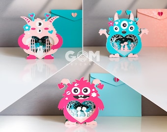 Set 3 Pop-ups 3D de Monstruo Amor, Plantilla de Tarjeta Pop-up de San Valentín, Tarjeta de Amor SVG