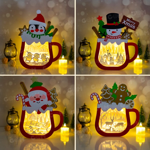 Lot de 4 chocolats chauds Shadow Box SVG - père Noël, bonhomme de neige, pingouin, tarte au gingembre, décorations de Noël Lightbox bricolage - modèle de découpe de papier de Noël