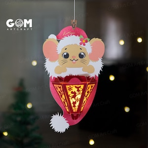 Chapeau de Noël lanterne SVG, modèle de lanterne de souris, modèle de papier découpé pour Noël, lanternes en papier pour Noël