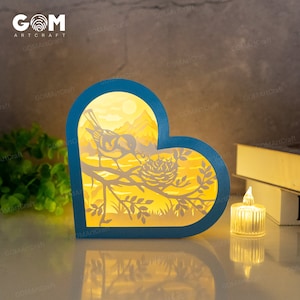 Modelo de caixa de sombra de coração de pássaro mãe - Lanterna de dia das mães SVG - Lanternas de papel de coração DIY - Caixa de luz para projetos Cricut