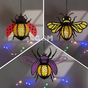Ensemble de 3 lanternes insectes SVG - lanterne abeille, scarabées lanterne papier découpé - bricolage lanternes en papier insectes - modèle de découpe de papier