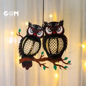 Sjabloon uil paar lantaarn SVG, pdf - uil papieren lantaarn voor Halloween-decoratie - doe-het-zelf Halloween-lantaarn lightbox papier knippen