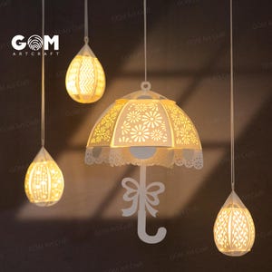 Umbrella Lantern Paper Cutting Template - Umbrella Lantern And Flower SVG - Water Drop Lantern SVG - Lantern Paper Cutting Template