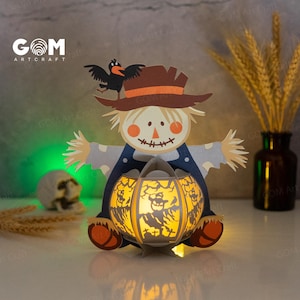 Strohmann Laterne SVG - Papierlaterne für Halloween Dekoration - DIY Halloween Laterne Papierschnitt - 3D Papierschnitt Licht Box Scheibenform