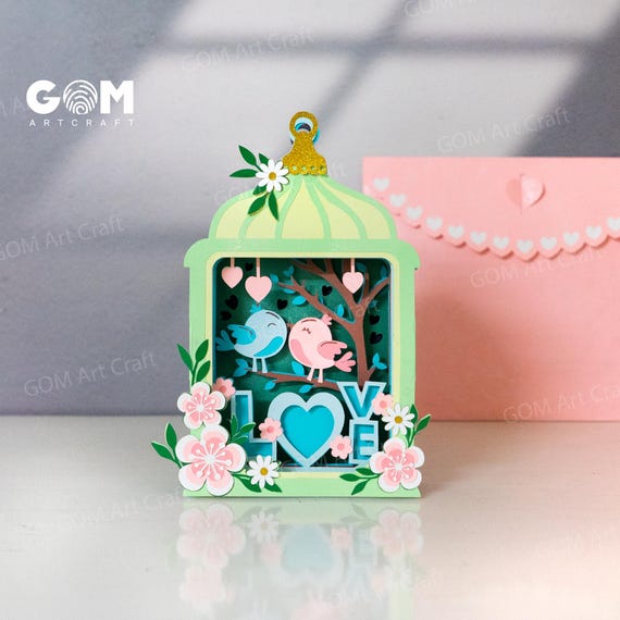 Love Bird Cage Pop-up Card 3D, Valentine's day Pop-up Card Template, Love Flower Card SVG