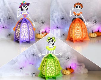 Set 3 Catrina Lantern Template SVG, Day of the Dead Lantern, DIY Halloween, Witch Lantern for Halloween Decoration, Spooky Girl Lantern
