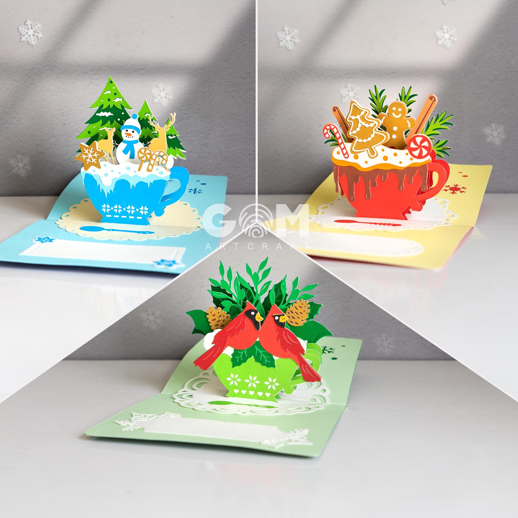 Set 3 Christmas Teacup Pop-up Card Template, Snowman Pop-up Card