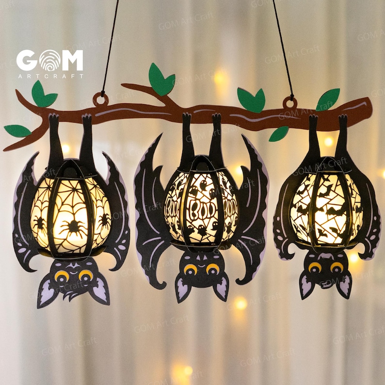 Lantern With 3 Bats Template Bat Lantern SVG Diy Halloween Lantern