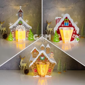 Set 3 lanterne da chiesa, lanterne a forma di casa di pan di zenzero, modelli di casette di neve - addobbi natalizi fai da te - modelli di carta tagliata per Natale
