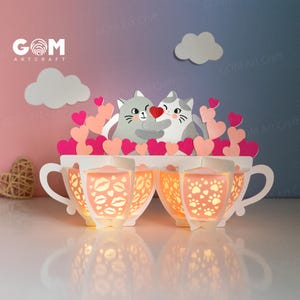 Paar Liebe Tassen Laterne SVG - Liebespaar Katze Laterne, DIY Laterne Valentinstag Ornamente, Papierschnitt Vorlage für Valentinstag