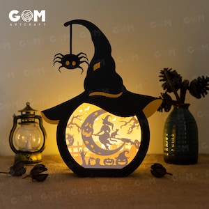 Moon Witch Shadow Box Template - Pumpkin Lantern Template - Halloween Lantern Template - Light Box SVG File - DIY Paper Lanterns
