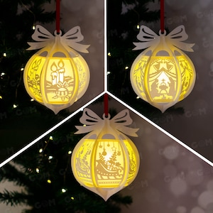 Confezione 3 Palla di Natale SVG - Palla di Natale Arabesque appesa SVG - Ornamenti natalizi Lightbox fai da te - Modello di taglio della carta per Natale