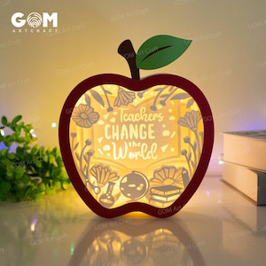Apple Shadow Box SVG - Apple Lantern entregada a los maestros DIY - Gif Box Teachers Day 3D SVG Corte de papel - Lantern Teacher Cambiar el mundo