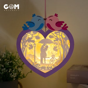 Lanterna Cuore Coppia Uccelli SVG - Lanterna Cuore Appeso - San Valentino fai da te - Scatola luminosa per progetti Cricut - Modello di taglio della carta